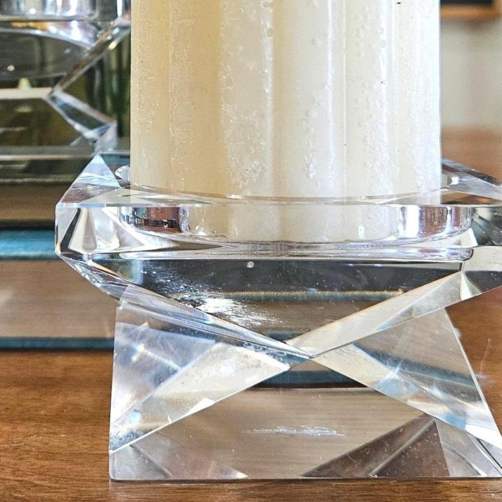 Oleg Cassini Signed Crystal Candle Holders Pair Geometric Square 4" Block
